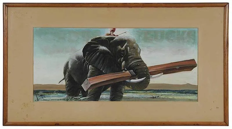 Elephant Working by Howard Scott, mixed media over a poster, offered Sep 2018