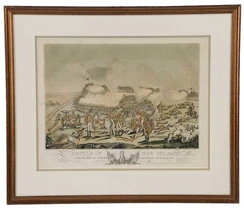 Benjamin West, Battle of New Orleans, impression by J. Yeager, printed by Y. Sourman, hand-colored lithograph
