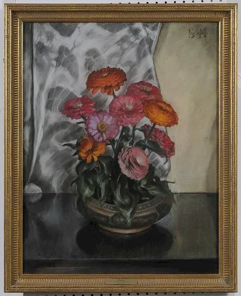 Mabel Lislie Ducasse, Zinnias in a Florentine Bowl, 1928, pastel on board