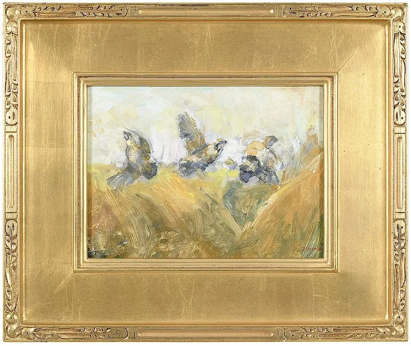 David Lazarus, Quail Taking Flight, oil on Masonite