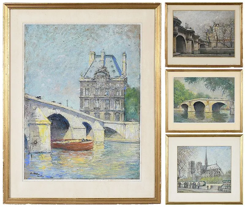 Louis Orr, Four Pastels of Paris: Le Pont Marie, Le Quai des Orfevres, Le Pont Royal, Notre Dame, all signed lower left, pastels on paper