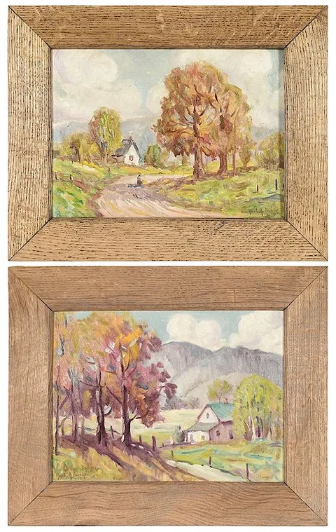 Karl Albert Buehr, Two Homestead Scenes, 1936, both oil on canvas board