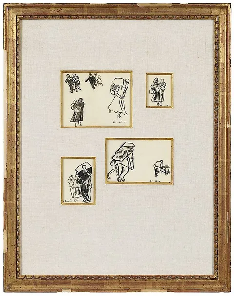Group of four figural drawings of Villagers, each signed "Ben Shahn", pen by Ben Shahn, brush and ink on thin paper, sold Jul 2018