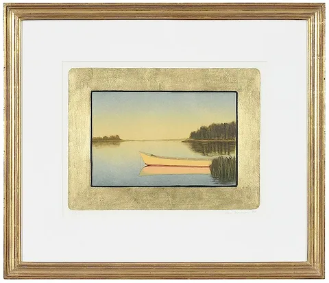 John Beerman, Canoe, colored etching on paper with gold leaf boarder