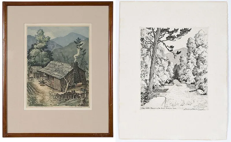 Leon Pescheret, Two Tennessee images: The Little Pigeon in the Great Smokies, Tenn, engraving, unframed, color engraving