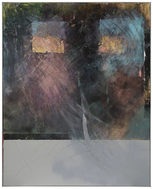 Untitled, abstract composition by Scott Upton, oil on canvas with applied elements, offered Jul 2018