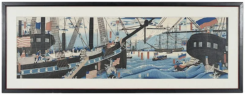 Utagawa Sadahide, Loading Cargo in Yokohama, woodblock prints on paper