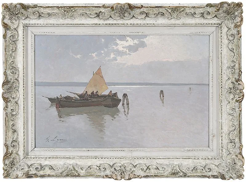 Giovanni Lomi, Fishermen Mooring Boats, oil on Masonite