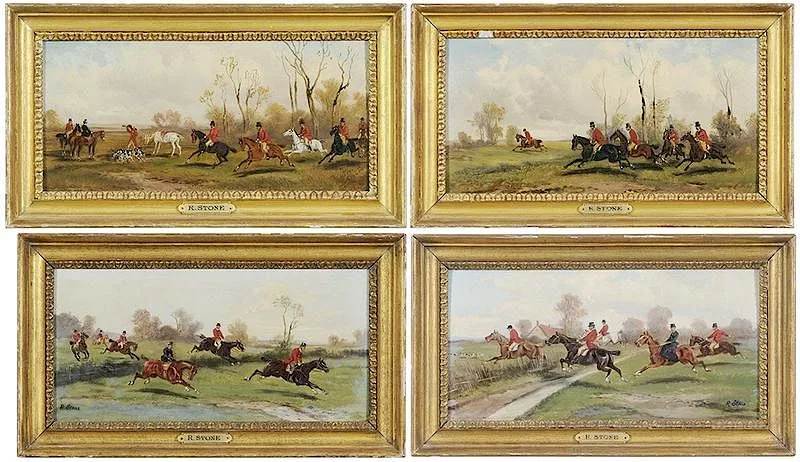 Robert Stone, Four Foxing Hunting Scenes, Clearing a Hedge, Crossing a Road, The Chase, The Kill, each signed "R. Stone, oil on panel