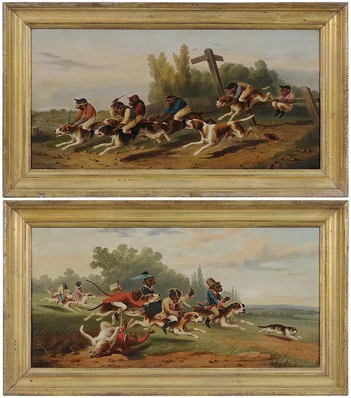 George Van Arden, A pair: Monkey Steeplechase and Monkey Cat Hunting, both signed lower left "Van Arden, oil on fine canvas