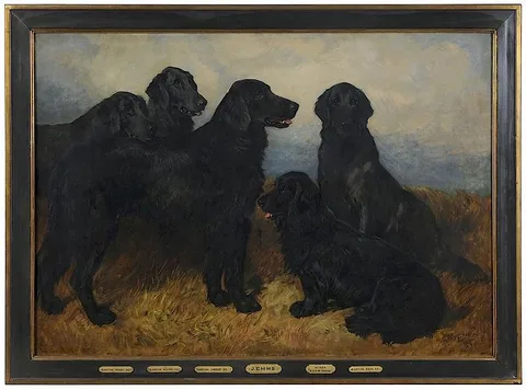 John Emms, Portrait of Four Retrievers and a Black Spaniel, oil on canvas