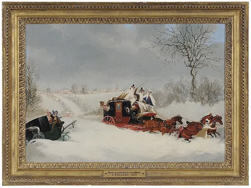 James Pollard, The Liverpool Mail near St. Albans in a Snow Drift, oil on canvas