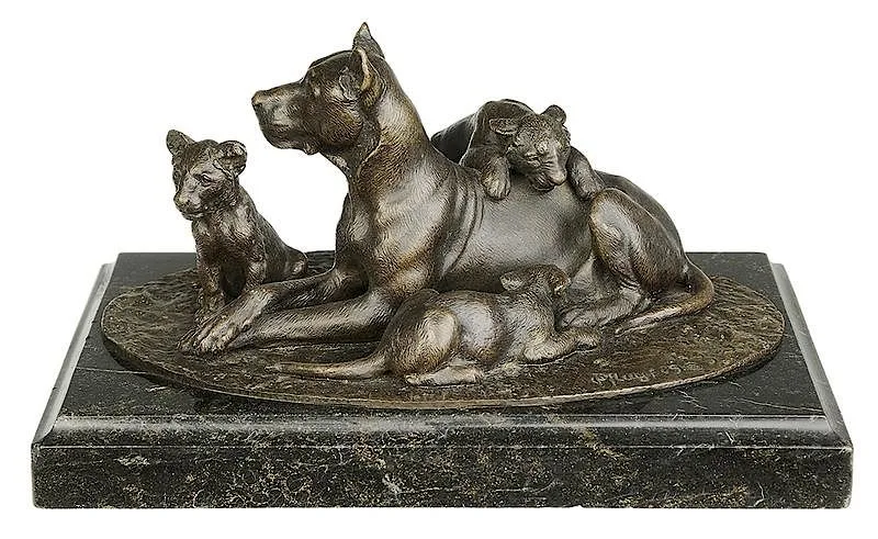 Oskar Pflug, Great Dane with Puppies, patinated bronze on green to black marble base