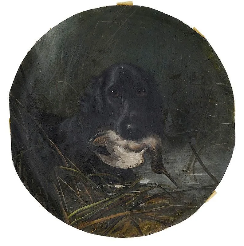 George Earl, Flat-coated Retriever with Woodcock, oil on paper board