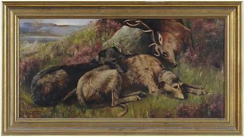 Charles Spencelayh, Two Deerhounds with Stag, oil on canvas