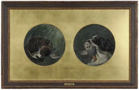 George Earl, Two portraits of spaniels: The Liver and White Cocker Spaniel, Nellie and The Liver Spaniel, Beb, both with spurious signature lower right "G. Earl, oil on artist board