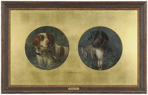 George Earl, Two portraits of spaniels: The Clumber Spaniel, Bruce and The Irish Water Spaniel, Rake, both with spurious signature lower right "G. Earl, oil on artist board