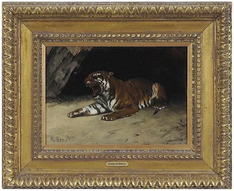 Rudolf Ernst, Tigre au repos, oil on panel with colorman stamp for "Blanchet/Paris"
