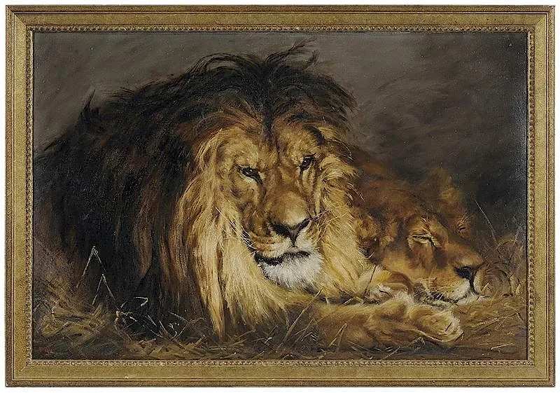 T. Tripp, Two Resting Lions, oil on canvas