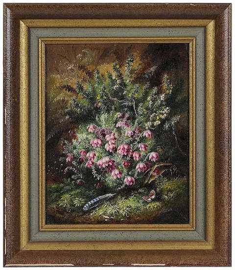 Albert Durer Lucas, Woodland Heather with Moth and Feather, oil on canvas
