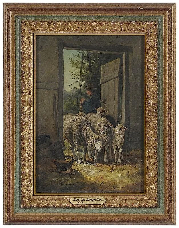 Frans van Leemputten, Sheep at a Barn Door, oil on mahogany panel. 9-1/2 x