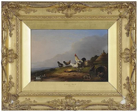 Franz Van Severdonck, Chickens, Chicks, Rabbits and Ducks in a Farmyard, oil on panel