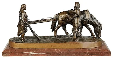 Albert Moritz Wolff, Couple Resting with Plow, patinated bronze with orange marble base