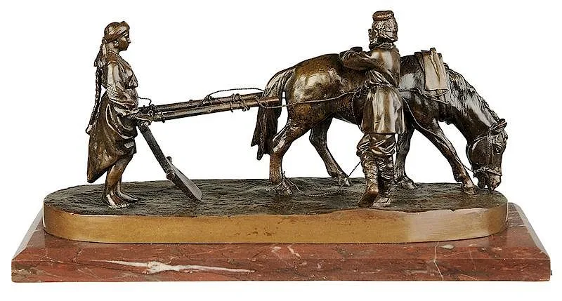 Couple Resting with Plow by Albert Moritz Wolff, patinated bronze with orange marble base, sold May 2018