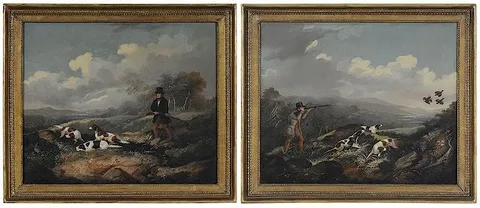 Samuel John Egbert Jones, A Pair of Partridge Shooting Scenes: On Point, Flushing Out, oil on canvas