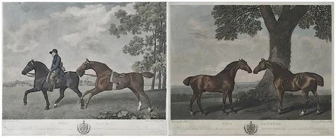 George Stubbs, Two sporting prints: Two Hacks, 1792, hand-colored mezzotint