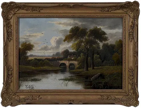Landscape with River and Cottage by Etty Horton, oil on canvas, sold May 2018