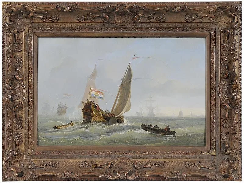 Albert van Beest, 18th century Dutch Naval Vessels in a Busy Harbor, "V. Beest 1844, oil on panel