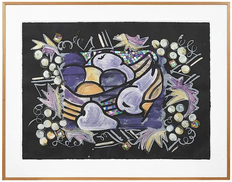 Robert Ellis Kushner, Fruit Plate, lithograph with collage