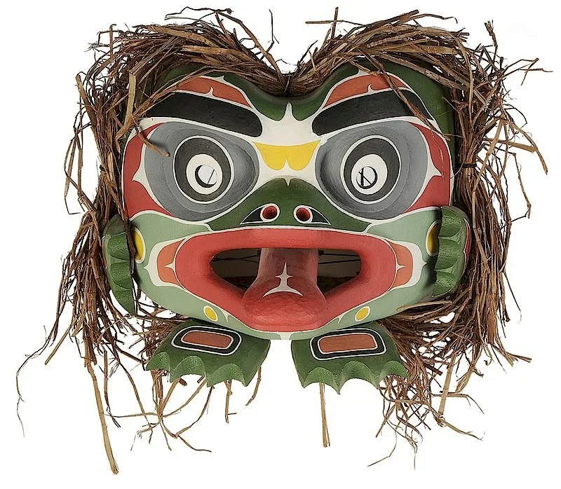 Frog Mask by Leonard Scow, 1999, carved and polychromed red cedar, offered May 2018