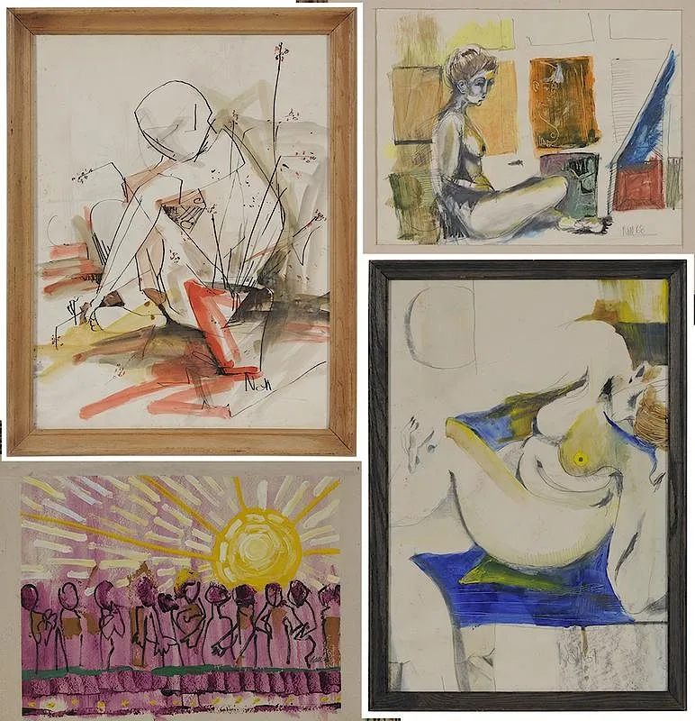 Four student works: "Sunrise by Fred Nall Hollis, oil on board, sold May 2018