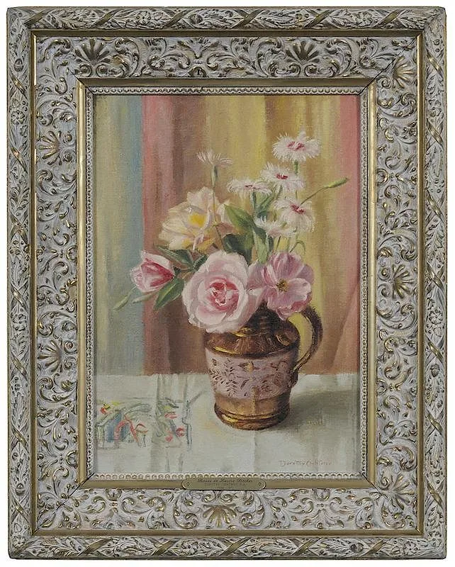 Dorothy Ochtman, Roses in Lustre Pitcher, oil on canvas board