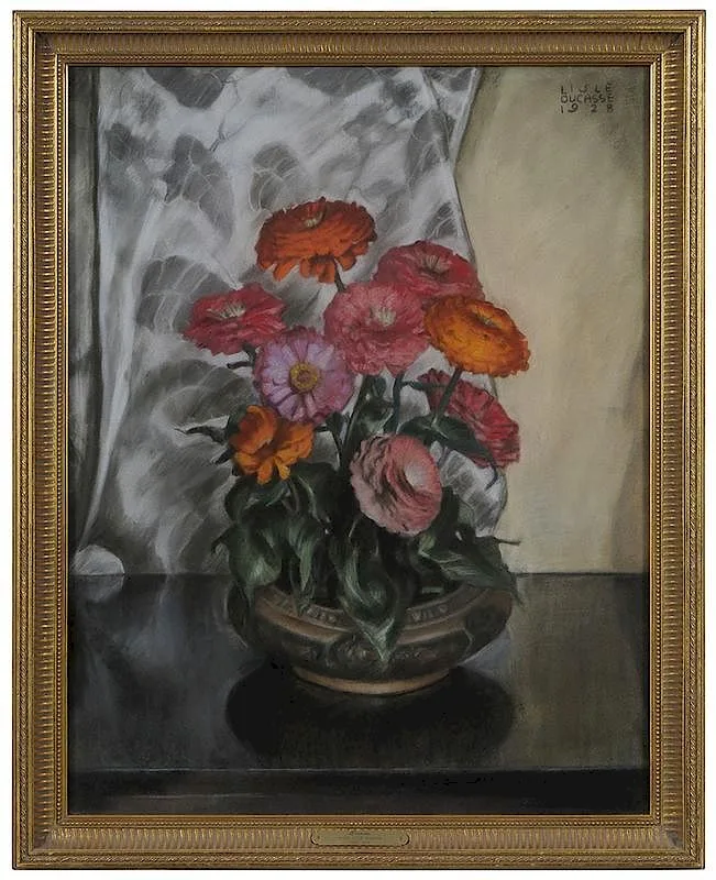 Mabel Lislie Ducasse, Zinnias in a Florentine Bowl, 1928, pastel on board