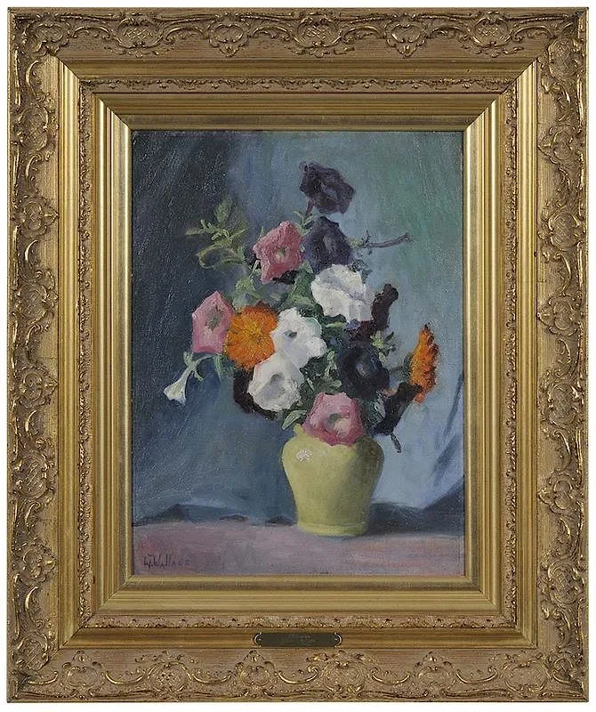 Petunias by Lillie T. Wallace, oil on canvas, sold Mar 2018