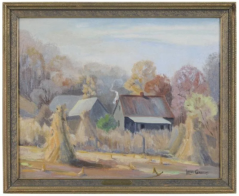 Letha Gaskins, Brown Country Farm, oil on canvas board