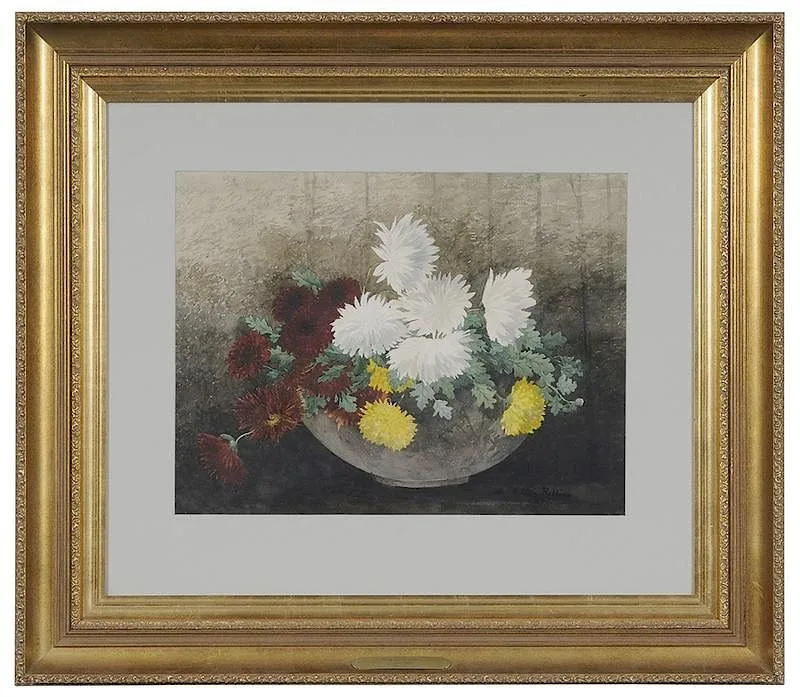 Chrysanthemums by Ellen Robbins, 1974, watercolor on board, sold Mar 2018