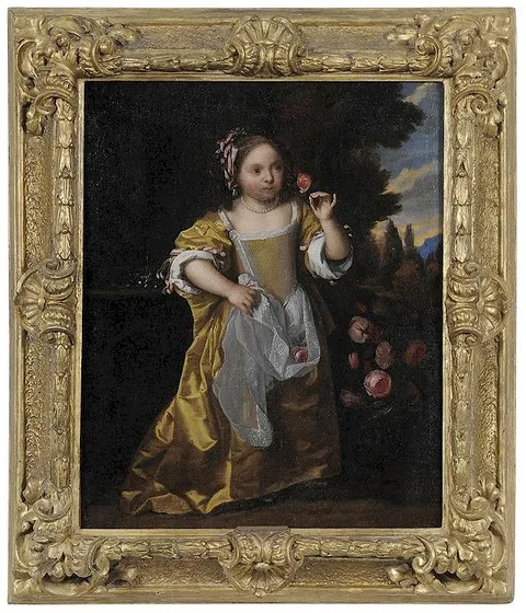 Michiel van Musscher, Young Child with Roses by a Fountain, oil on canvas