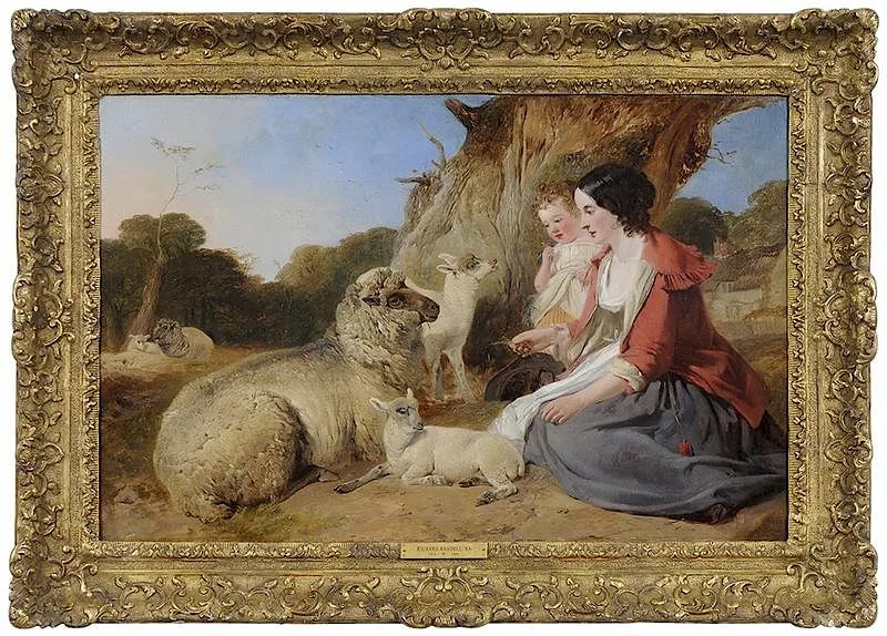Richard Ansdell, Shepherdess and Child Feeding Sheep, oil on canvas