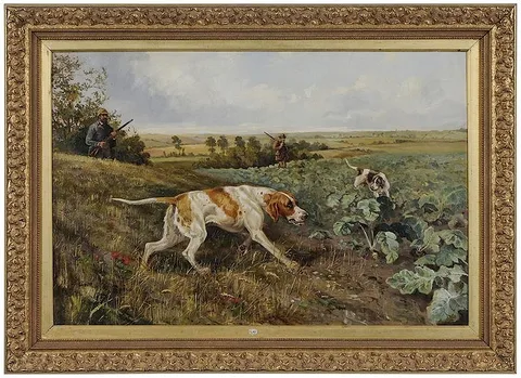 Arthur Alfred Davis, Hunters and Pointers Working a Field, 1887, oil on canvas