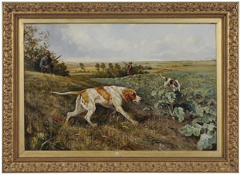Arthur Alfred Davis, Hunters and Pointers Working a Field, 1887, oil on canvas