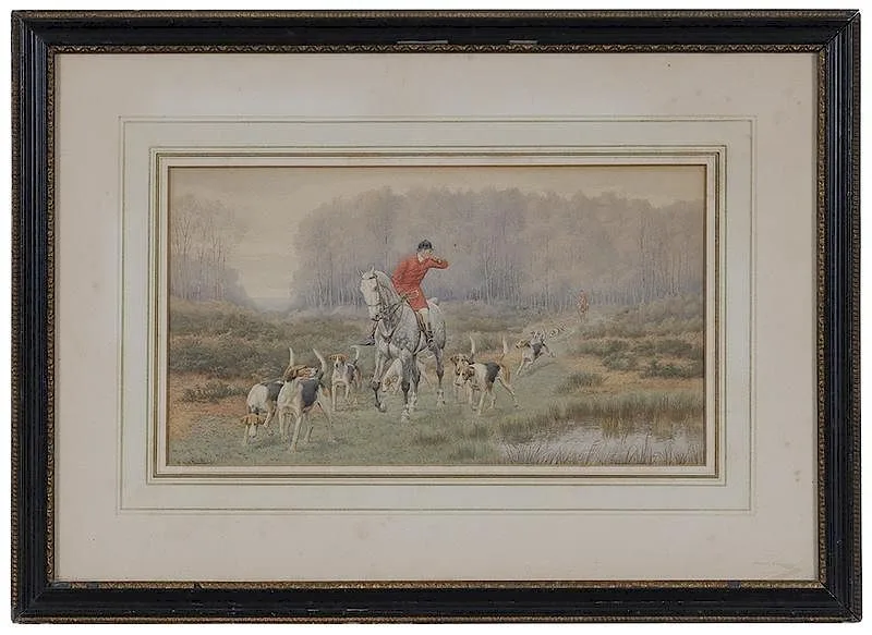 Foxhunting Scene by Edward Algernon Stuart Douglas, watercolor on paper, sold Mar 2018