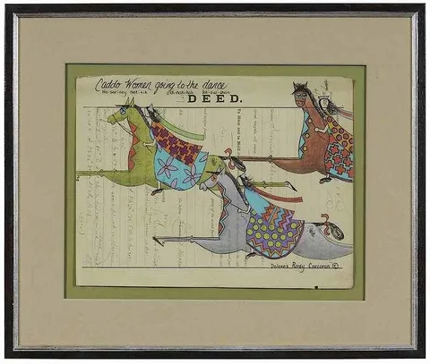 Caddo Women Going to the Dance by Dolores Purdy Corcoran, colored pencil on antique ledger paper, sold Jan 2018
