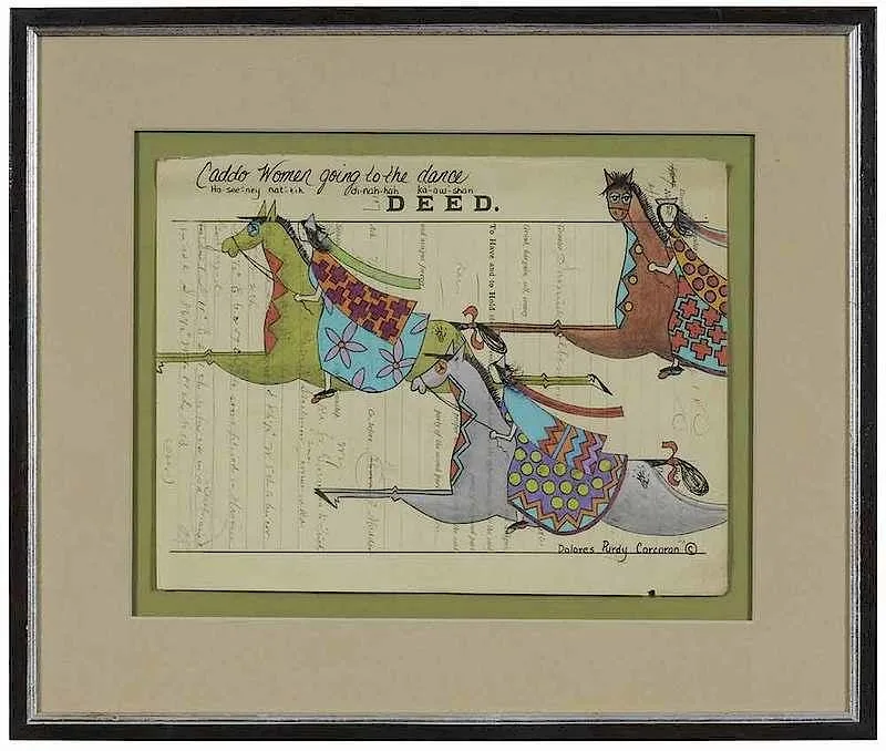 Dolores Purdy Corcoran, Caddo Women Going to the Dance, colored pencil on antique ledger paper
