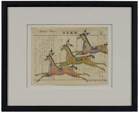 Dolores Purdy Corcoran, Warrior Ponies, colored pencil on antique ledger paper