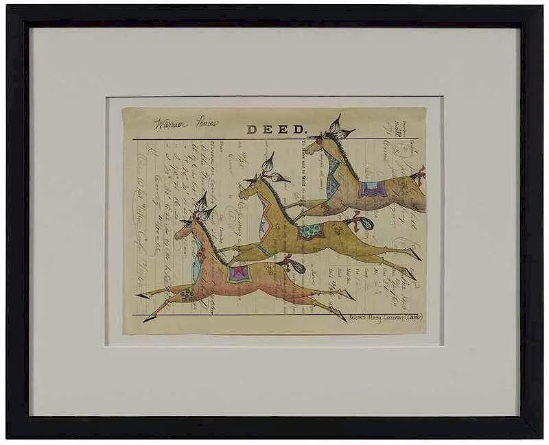 Warrior Ponies by Dolores Purdy Corcoran, colored pencil on antique ledger paper, sold Jan 2018