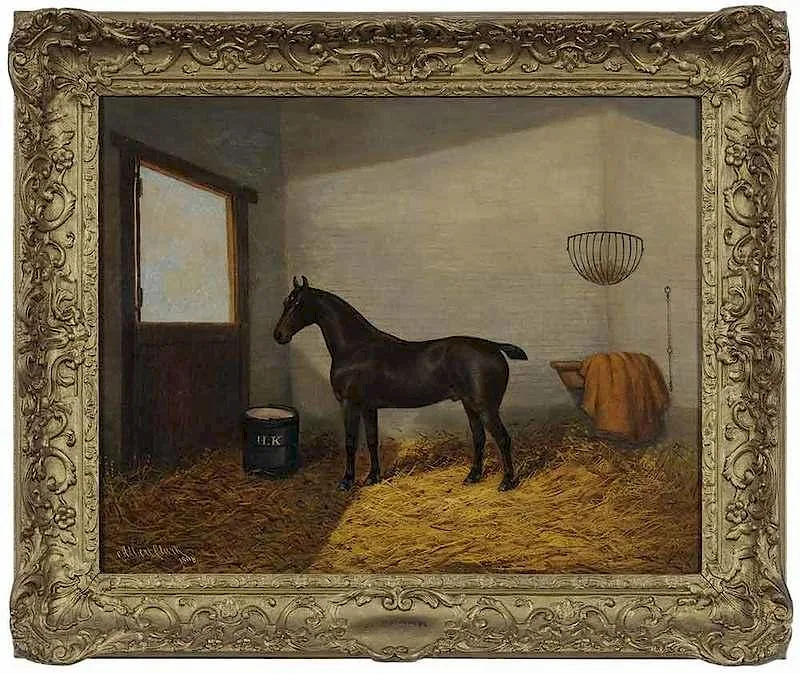 Albert Clark, A Dark Bay Horse in a Loose Box, oil on canvas